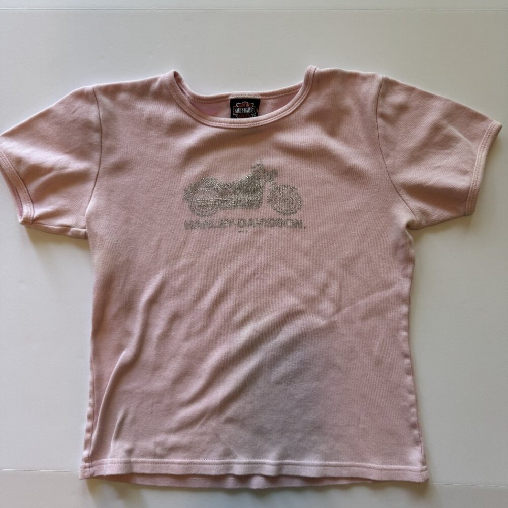 Vintage Y2K Harley Davidson 2005 Daytona FL Women Glitter Motorcycle Pink Shirt